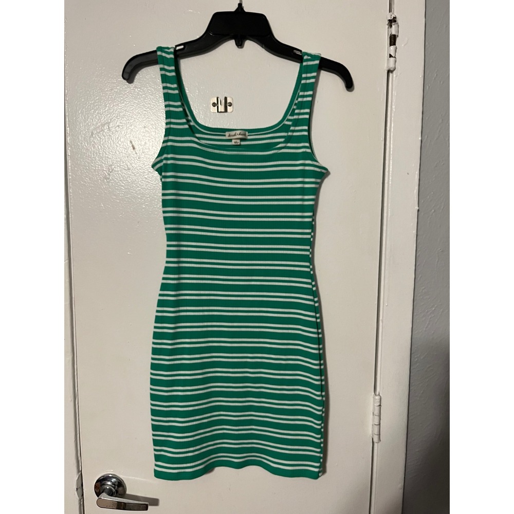 Derek Heart Green White Striped Ribbed Knit Bodycon‎ Mini Dress Womens Small